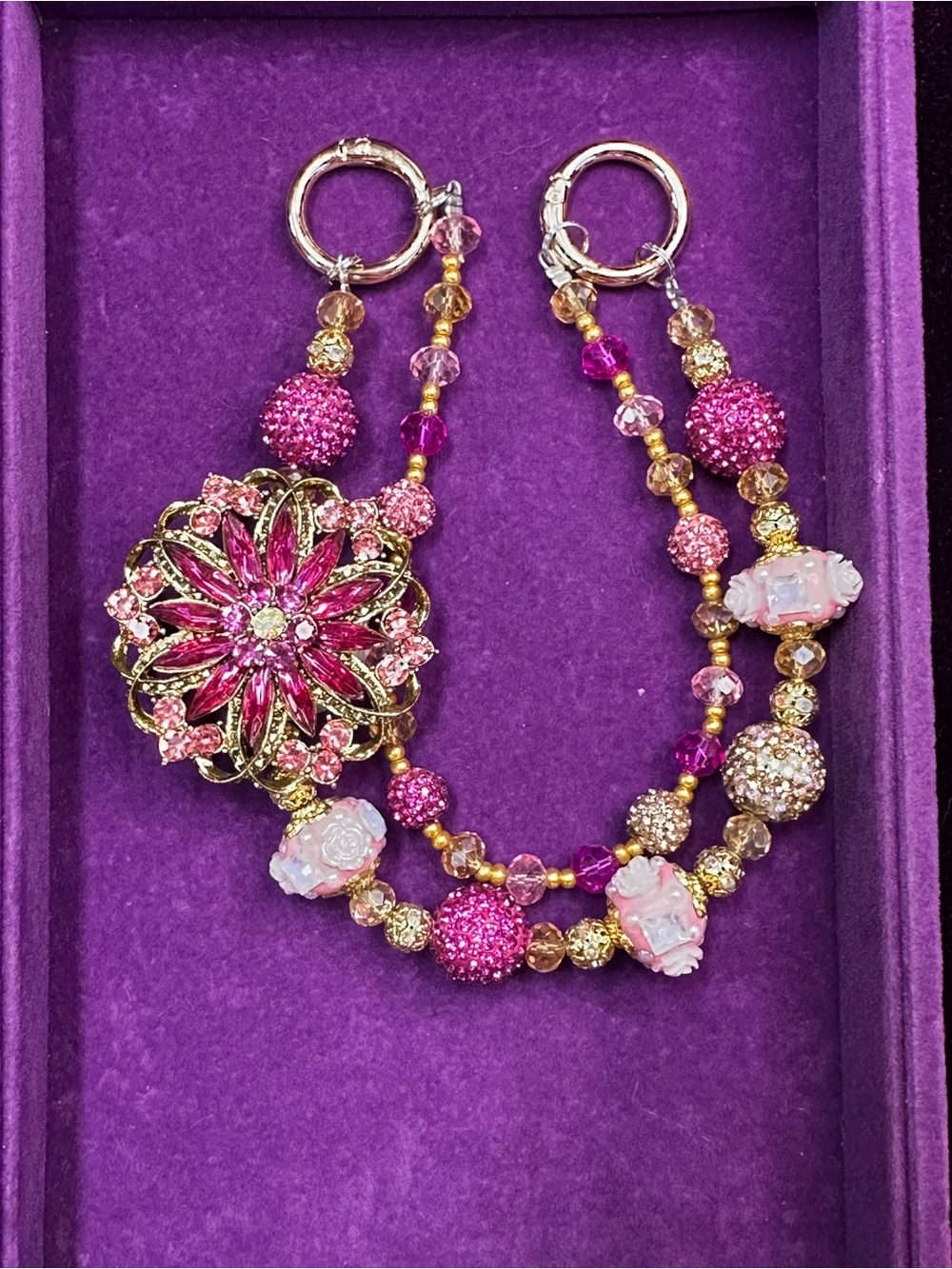Elegant Pink Floral Crystal Statement Bracelet